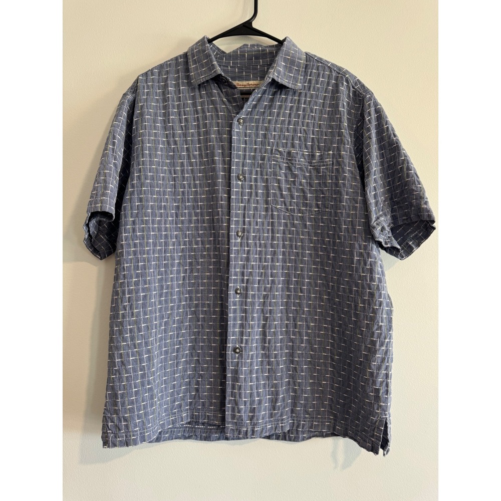 Tommy Bahama Original Fit Button Down Mens Large Blue Silk Blend Textured Resort